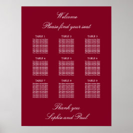 Burgundy 9 Table Wedding Chart Poster