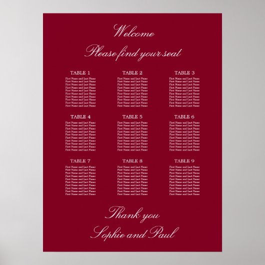 Burgundy 9 Table Wedding Chart Poster (Vorne)