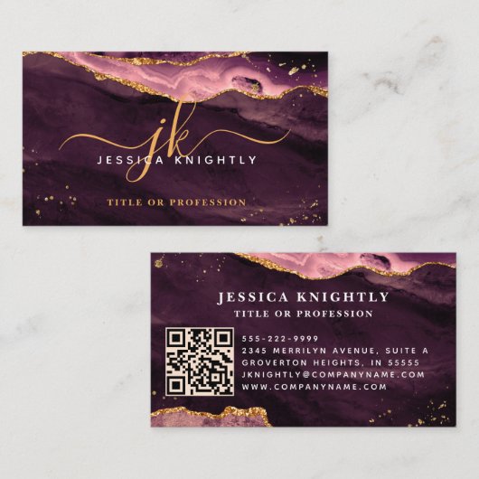 Burgundy Agate Geode Monogram Gold Script Visitenkarte (Vorne/Hinten)
