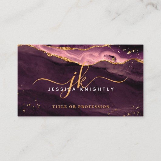 Burgundy Agate Geode Monogram Gold Script Visitenkarte (Vorderseite)