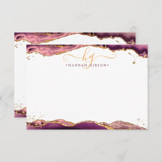 Burgundy Agate Geode Monogram Script Gold Glitzer Mitteilungskarte (Vorne/Hinten)