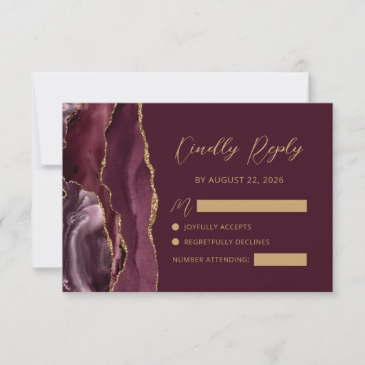 Burgundy Agate Gold Calligraphy Script Wedding RSVP Karte (Vorderseite)