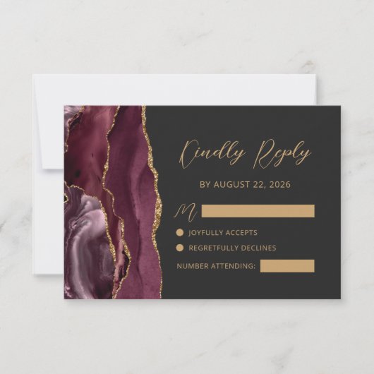 Burgundy Agate Gold Calligraphy Script Wedding RSVP Karte (Vorderseite)