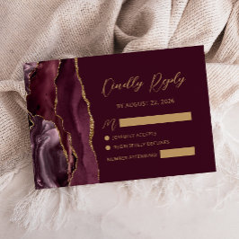 Burgundy Agate Gold Calligraphy Script Wedding RSVP Karte