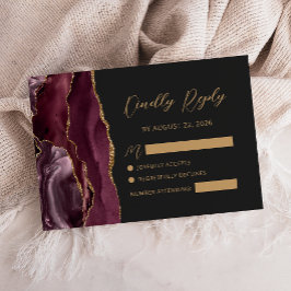 Burgundy Agate Gold Calligraphy Script Wedding RSVP Karte