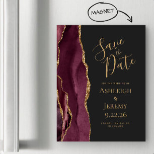 Burgundy Agate Gold Dark Magnetic Save the Date Magnetkarte