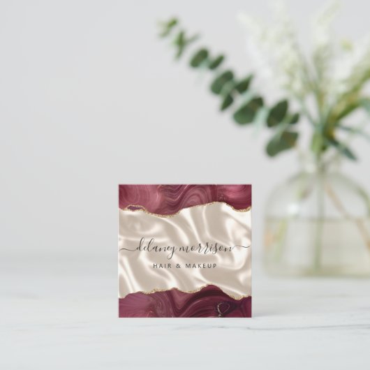 Burgundy Agate Gold Glitter Ivory Luxury Quadratische Visitenkarte (Stehend Vorderseite)