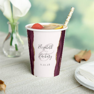 Burgundy Agate Gold Glitzer Script Blush Wedding Pappbecher