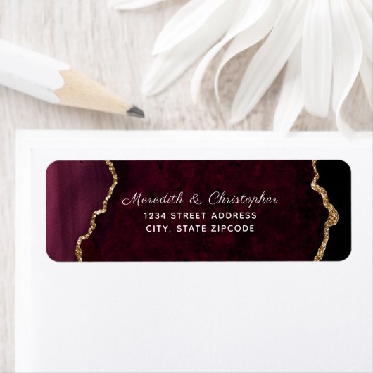 Burgundy Agate Gold Glitzer Wedding Rücksendeadres (Insitu)