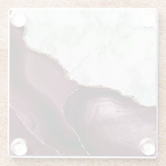 Burgundy Agate Gold Glitzer Weißes Imitat Marmor Glasuntersetzer (Rückseite)