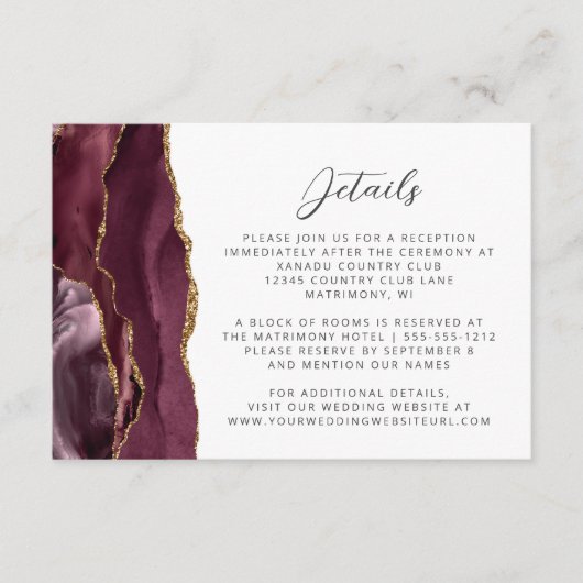 Burgundy Agate Gold Script Wedding Details Begleitkarte (Vorderseite)