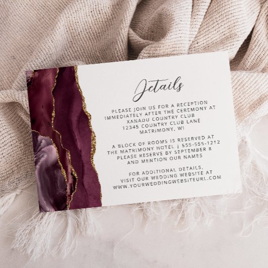 Burgundy Agate Gold Script Wedding Details Begleitkarte