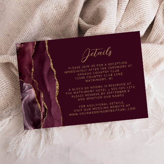 Burgundy Agate Gold Script Wedding Details Begleitkarte