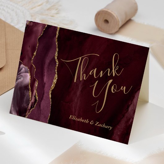Burgundy Agate Gold Wedding Vielen Dank Karte