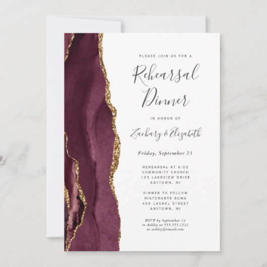 Burgundy Agate Hochzeit Probe Dinner Einladung (Vorderseite)