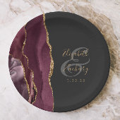 Burgundy Agate Marble Gold Script Wedding Pappteller