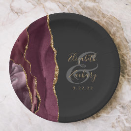 Burgundy Agate Marble Gold Script Wedding Pappteller