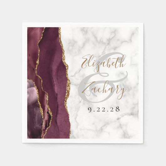 Burgundy Agate Marble Gold Script Wedding Serviette (Vorderseite)