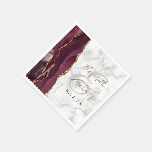 Burgundy Agate Marble Gold Script Wedding Serviette (Ecke)