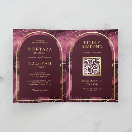 Burgundy Agate Marble QR Code Muslime Hochzeit Einladung (Innenseite)