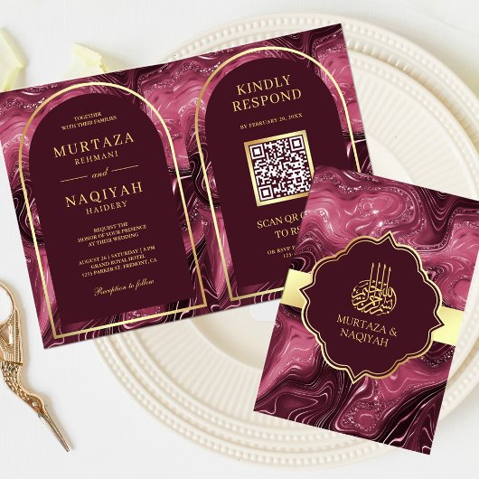 Burgundy Agate Marble QR Code Muslime Hochzeit Einladung