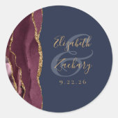 Burgundy Agate Navy Blue Gold Script Hochzeit Runder Aufkleber (Vorderseite)