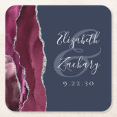 Burgundy Agate Script Silver Navy Blue Wedding Rechteckiger Pappuntersetzer (Vorderseite)