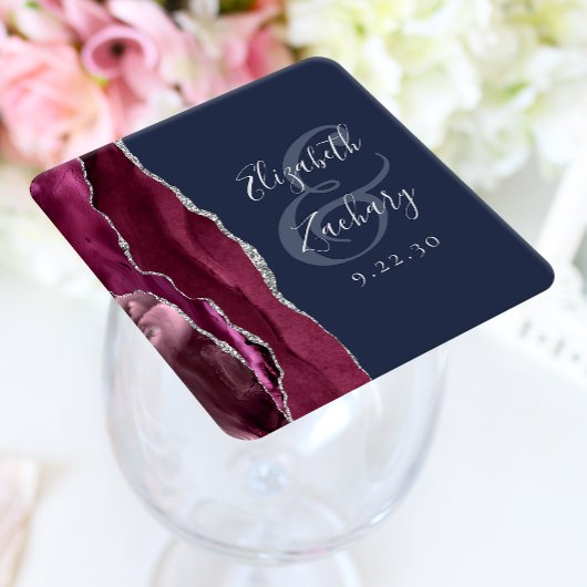 Burgundy Agate Script Silver Navy Blue Wedding Rechteckiger Pappuntersetzer