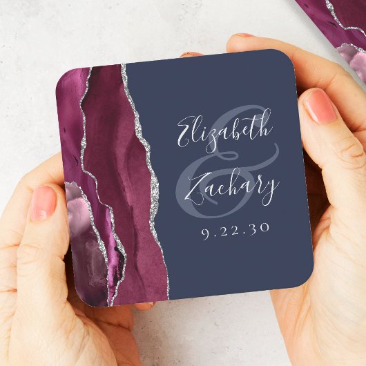 Burgundy Agate Script Silver Navy Blue Wedding Rechteckiger Pappuntersetzer