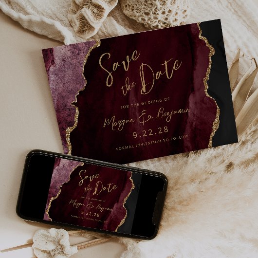 Burgundy Agate Script Wedding Save the Date