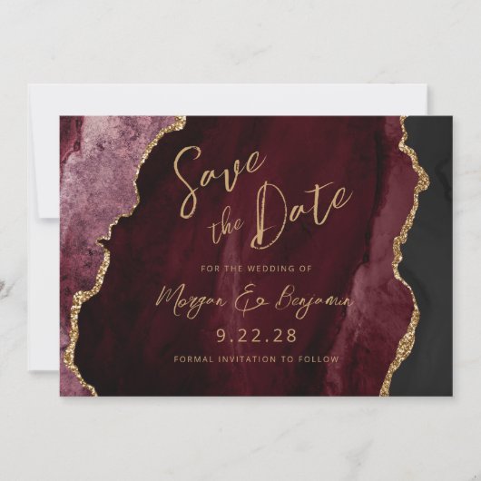Burgundy Agate Script Wedding Save the Date (Vorderseite)
