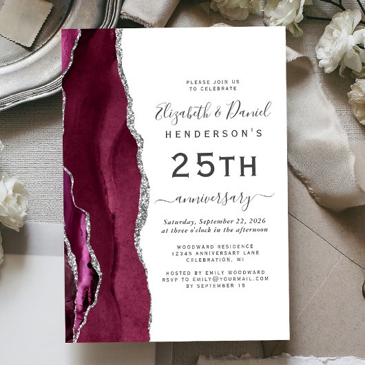Burgundy Agate Silver 25th Anniversary Einladung
