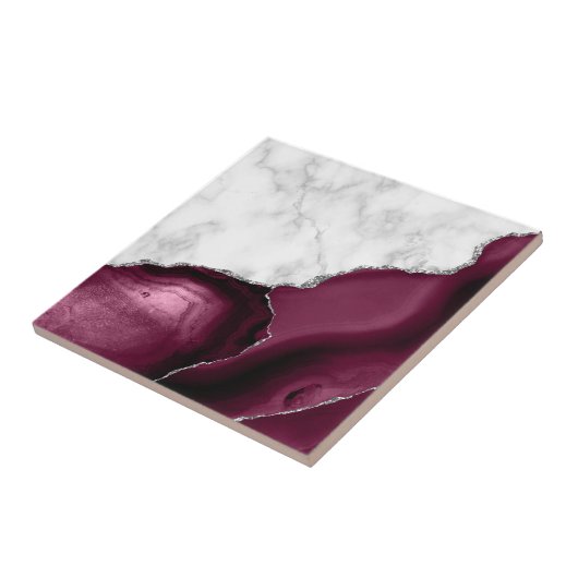 Burgundy Agate Silver Glitzer Weißer Marmor Fliese (Seite)