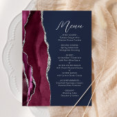 Burgundy Agate Silver Script Navy Blue Wedding Menükarte