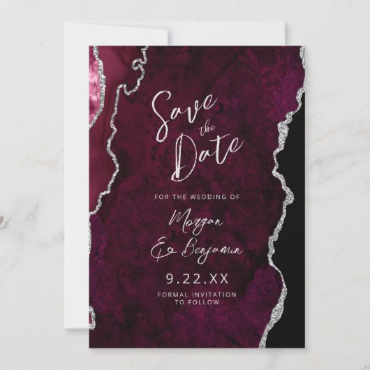 Burgundy Agate Silver Script Wedding Save the Date Einladung (Vorderseite)