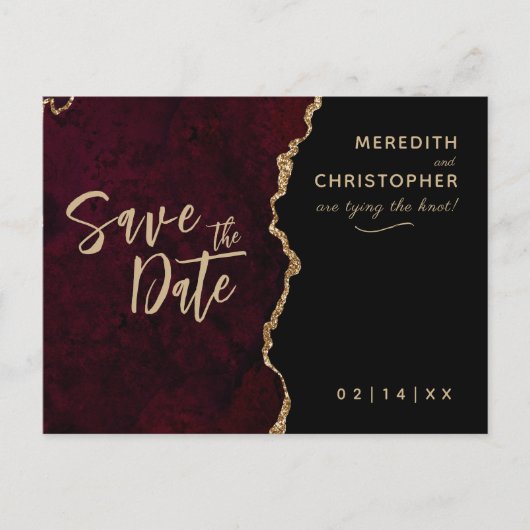 Burgundy Agate Wedding Save the Date Ankündigungspostkarte (Vorderseite)