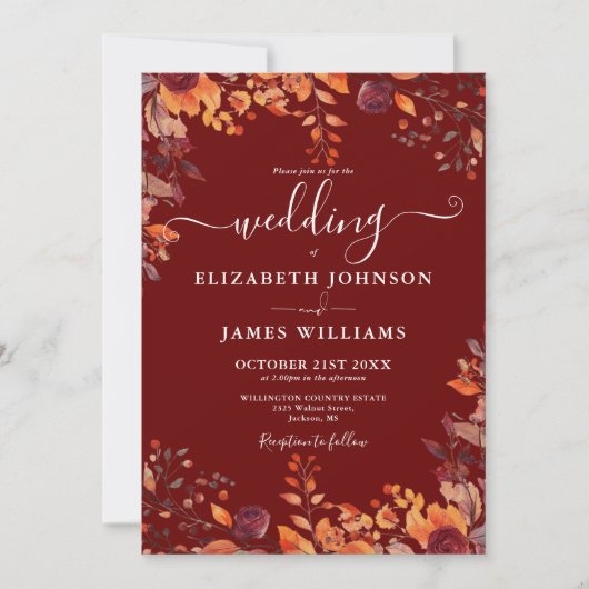 Burgundy All In One Autumn Fall Floral Wedding Einladung (Vorderseite)