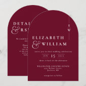 Burgundy All in one Monogram QR Code Wedding Einladung (Vorne/Hinten)