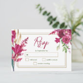 Burgundy and Gold Bloom Garden Wedding RSVP Card (Stehend Vorderseite)