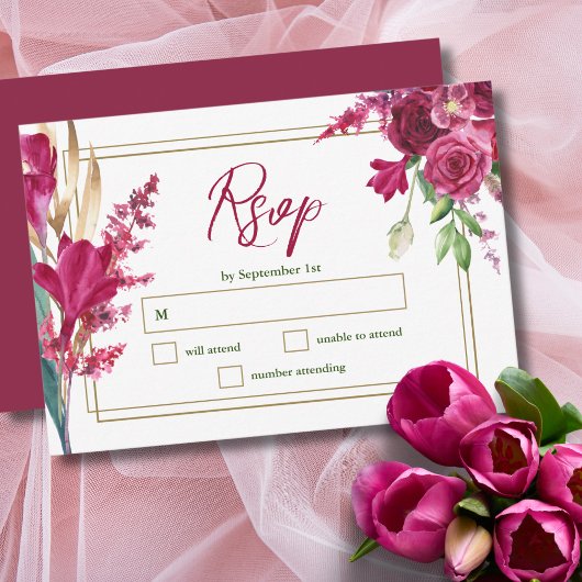 Burgundy and Gold Bloom Garden Wedding RSVP Card
