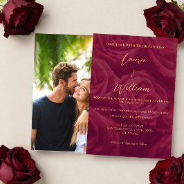 Burgundy and gold elegant picture wedding   einladung