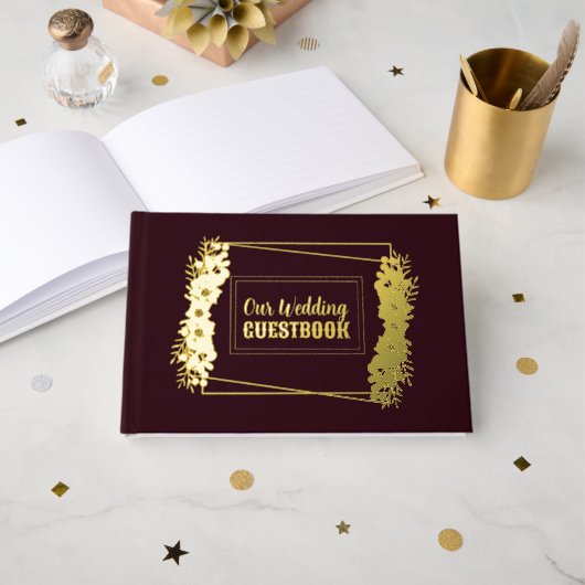 Burgundy and Gold Foil Wedding Gästebuch (Vorderseite Offen)
