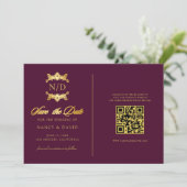 Burgundy And Gold Monogram Qr Code Wedding Save The Date (Stehend Vorderseite)