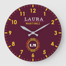 Burgundy and Gold Personalized Custom Monogram  Große Wanduhr