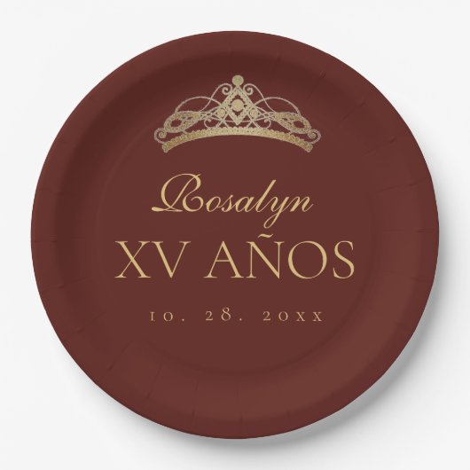 Burgundy and Gold Quinceanera Pappteller (Vorderseite)