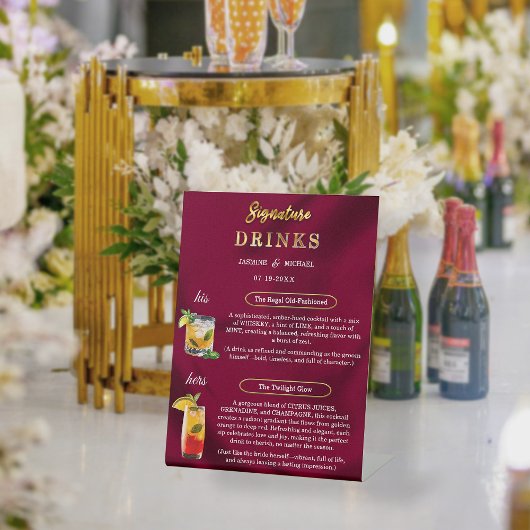 Burgundy and Gold Simple Wedding Signature Drinks Sockelschild