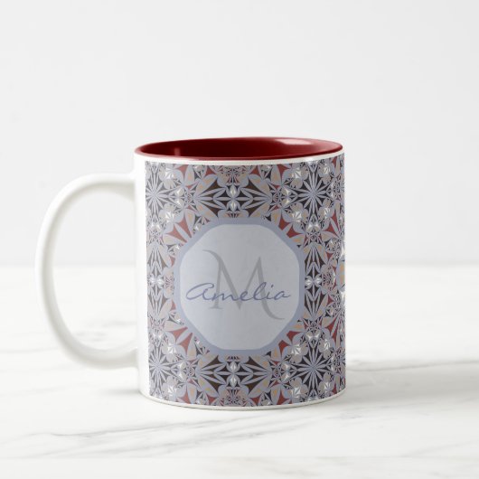 Burgundy and Grey Elegant Pattern Personalised Zweifarbige Tasse (Links)