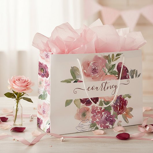 Burgundy and pink watercolor floral personalized  große geschenktüte