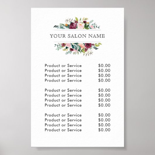 Burgundy and Pink Watercolor Floral Price List Poster (Vorne)