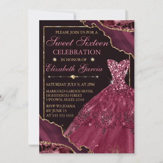 Burgundy Aquarellkleid & Agate Sweet 16 Einladung (Vorderseite)